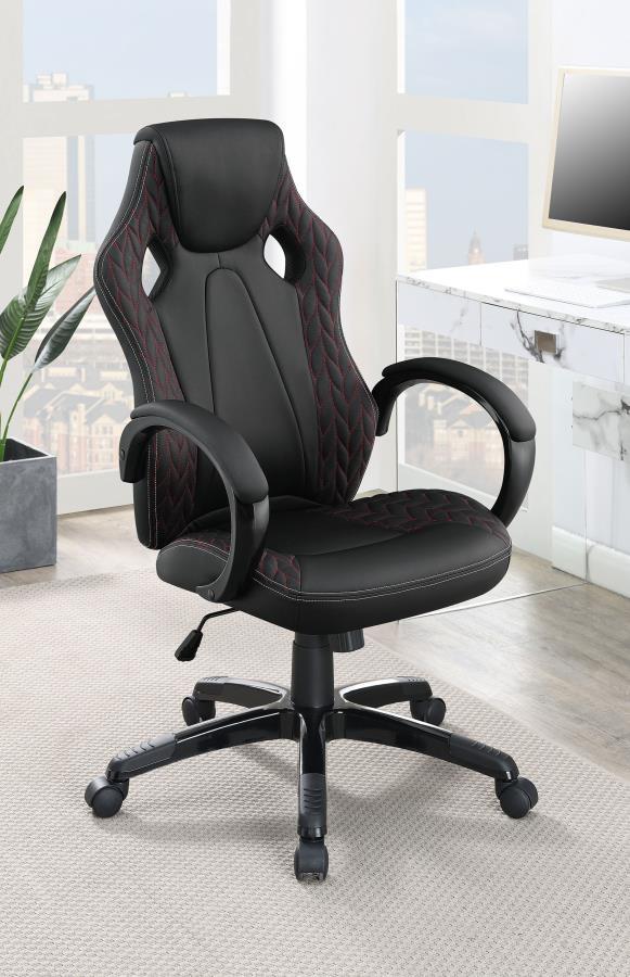 Perfect for a modern home office, this contemporary office chair is wrapped in a black leatherette that offers a bold statement piece. Accenting the black leatherette is a botanical-inspired herringbone pattern with a red stitching details, giving a subtl