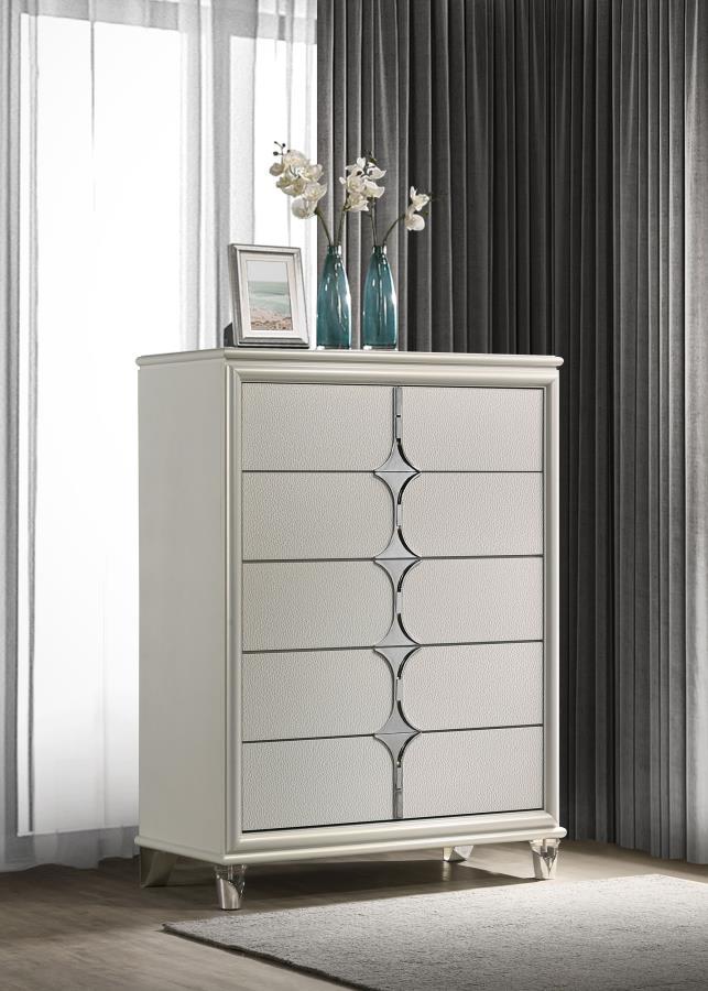 Discover elegance and functionality with this beautifully crafted chest, designed to complement your bedroom suite. The pearl white finish, highlighted by the unique diamond star drawer fronts and chrome metal pulls, exudes a contemporary charm. Acrylic f
