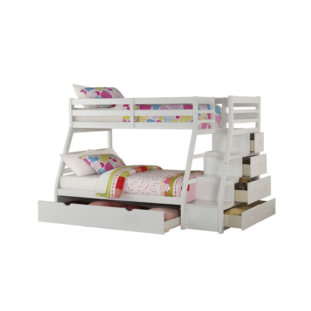 This Jason bunk bed is a twin over full bunk bed with plenty of built in storage with drawers incorporated into the stairs to upper twin bed. An additional trundle pull out bed under the lower full bed creates more space for extra use. A full guard rail w