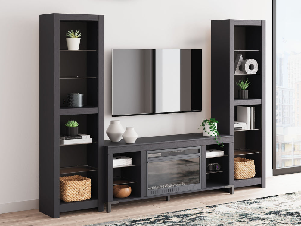 Level up your gaming experience and make movie nights to remember. This entertainment center with fireplace extends your entertainment beyond the screen. Its built-in fireplace brings the heat, synchronizing with LED backlighting on the assorted shelves. 