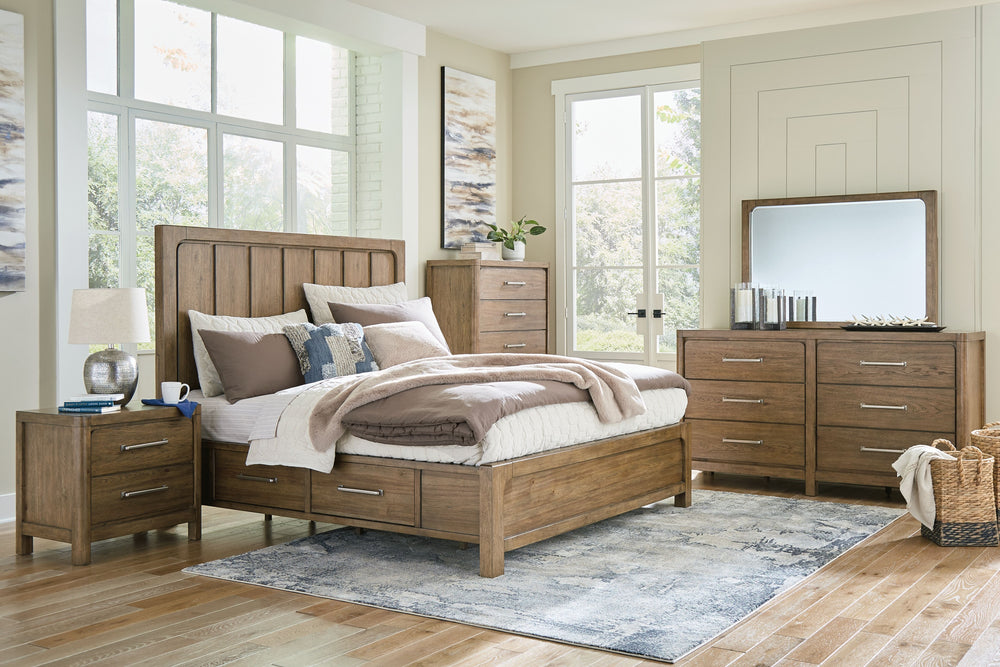 Cabalynn - 9 Pc. - Dresser, Mirror, Chest, California King Panel Bed With Storage, 2 Nightstands - Light Brown