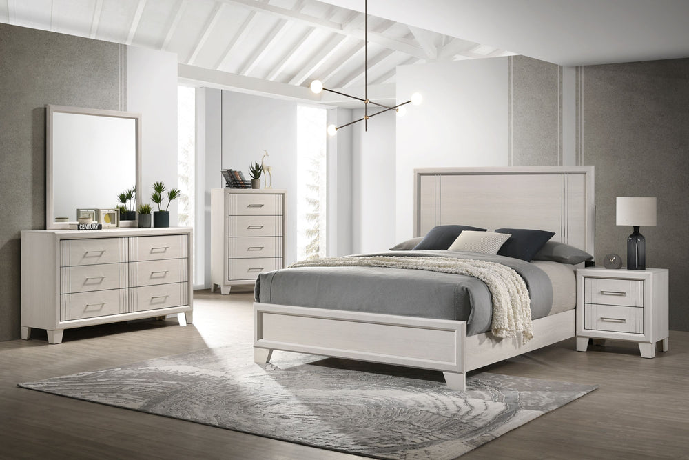 This elegant bedroom collection presents a sophisticated ensemble perfect for creating a refined modern aesthetic in your sleeping quarters. The suite features a sleek, minimalist design with crisp, clean lines and a lustrous white finish that exudes cont