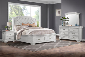 Uncover the Lyndhurst 4 pc bedroom set, a marvel of timeless design and enduring quality. This set features a stunning bed, 6-drawer dresser, mirror, and 2-drawer nightstand, all in rich Vintage White. Crafted from solid Acacia, Acacia veneers, and manufa