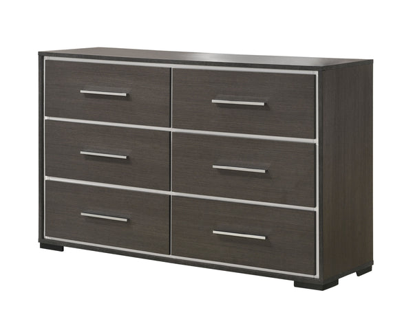Discover the modern charm of this bedroom collection, featuring a clean-lined design with a warm dark finish. The centerpiece is a bed with a stylish tufted headboard, providing a touch of class. This set includes a matching dresser, chest, and nightstand
