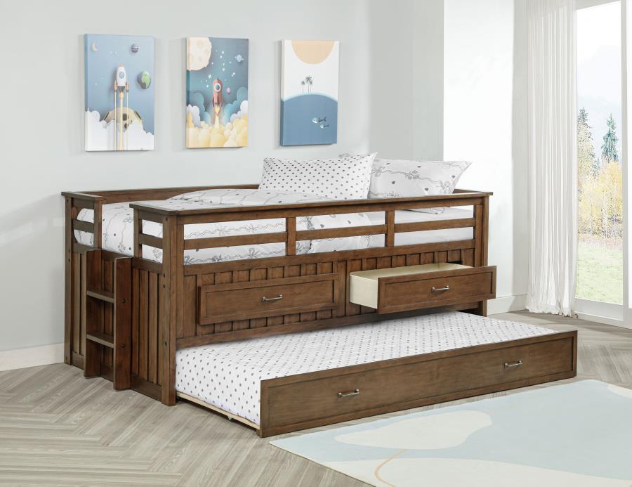 This captain-'s bed delivers a practical and stylish solution for children-'s rooms or compact spaces. Crafted from pine wood, plywood, and MDF, it features guardrails for added safety, a built-in ladder for easy access, and a bold finish that enhances it