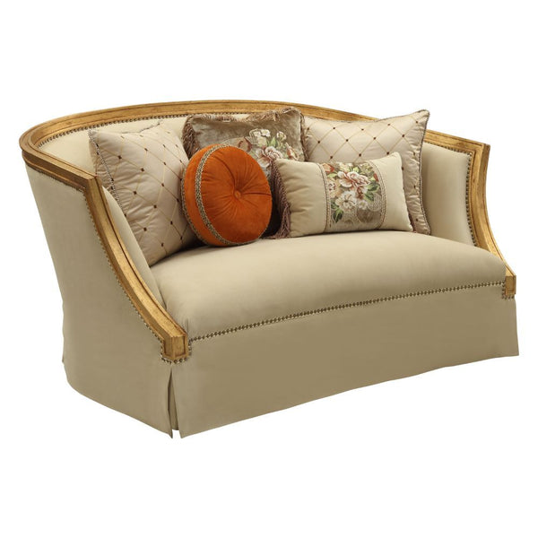 Assembled, w/5 Pillows â€¢ Carved Curved Molding with Nailhead Trim: Antique Gold Finish, Poplar Wood (Backrest, Armrest) â€¢ Backrest Style: Barrel â€¢ Tight Back & Seat Cushion (1+1) â€¢ Seat Construction: Frame Hardwood, Pocket Coil Included, Streamlin