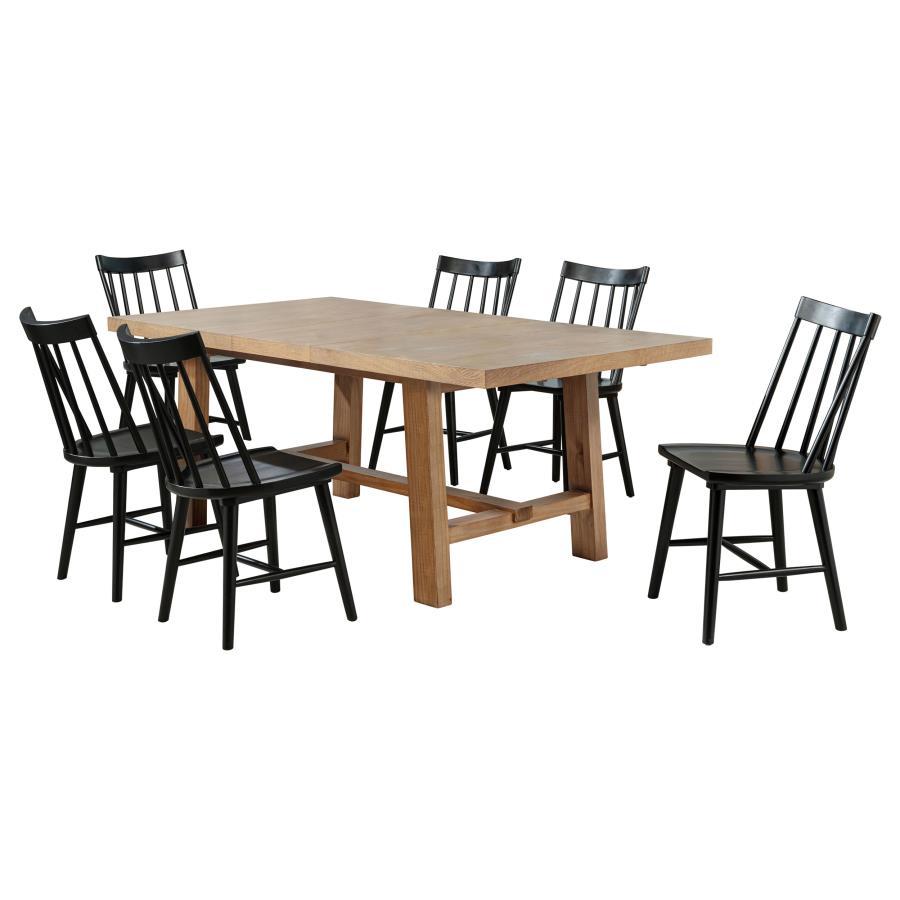 This refined dining set pairs timeless craftsmanship with a modern touch for a stylish and functional space. The extension dining table features a removable 16-inch leaf, expanding from 60 to 76 inches to accommodate various gatherings. Solid mahogany, en