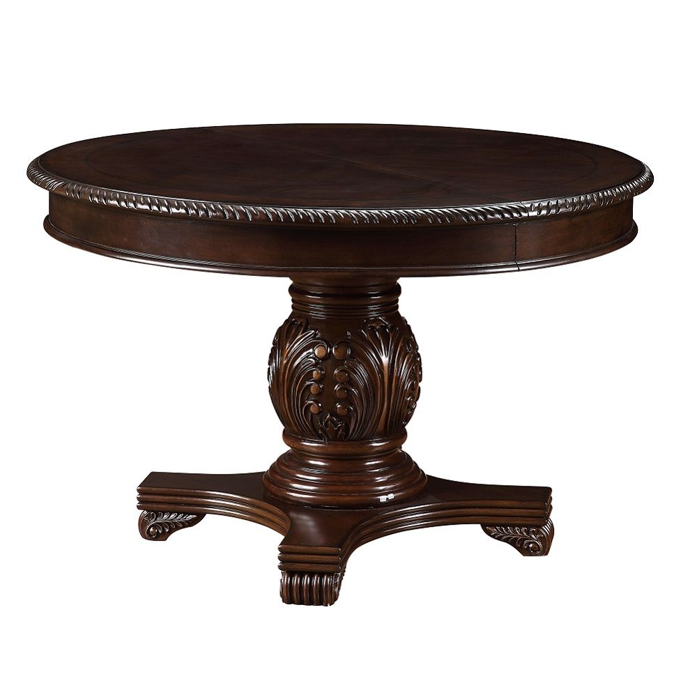 Single Pedestal Table Extension: Round Top Extends to an Oval Top with Removable Leaf (1 x 18-") Wooden Top with Grooved Trim Wooden Pedestal with Raised Floral Motifs Padded Seat & Back Wooden Queen Anne Leg Matching Hutch & Buffet with Light Function, B