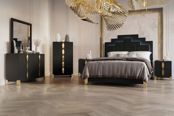 Experience the Empire 6 Piece Bedroom Set, a complete ensemble featuring a bed, dresser, mirror, chest, and 2 nightstands, meticulously crafted for enduring quality and contemporary charm. Constructed from eco-friendly manufactured woods and adorned with 