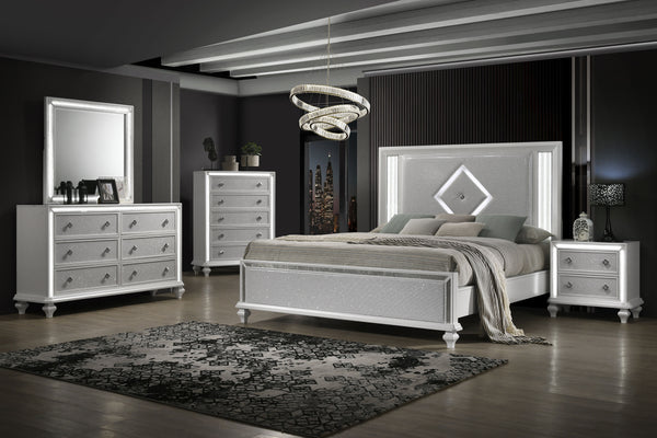 Elevate your bedroom decor to new heights with the Stardust 5 Piece Set in gleaming white, and including a Bed, Dresser, Mirror, Nightstand and Chest. Crafted with precision and durability in mind, each piece is expertly constructed from manufactured wood