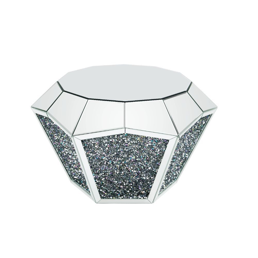 Featuring a dodecagon beveled mirrored table top that captures and reflects light from all angles. A beautiful drum base with faux diamonds that glimmer in an array of colors in the right light. Not only is this Noralie beautiful, but functional as well, 