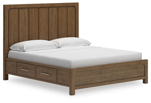 This king panel bed with storage sits comfortably at the intersection of modern lodge and farmhouse aesthetics. Your warm and welcoming disposition is reflected in its charming architectural elements and light brown glazed finish. Even with its poise, the