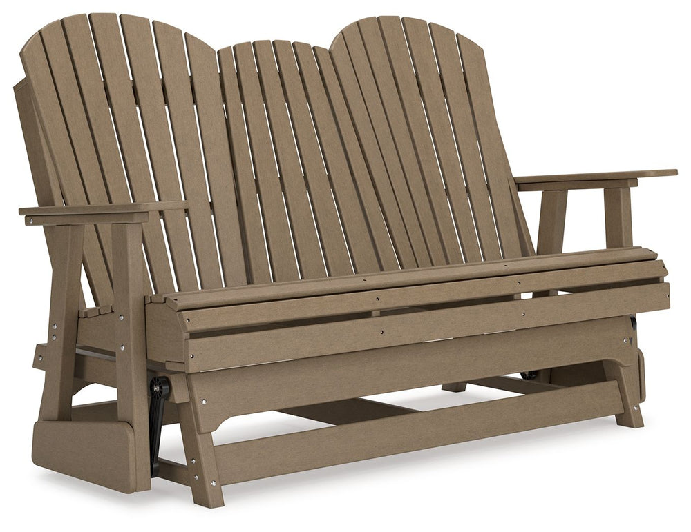 Drift away from everyday worries and into outdoor bliss with this glider loveseat. Dressed in an inviting driftwood hue, the Adirondack-inspired design has a classic feel. It weathers sunny summer days and cozy winter nights with durable MEGA-TUFFÂ® HDPE 