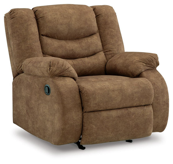 Affordable luxury made easy. This recliner is an essential for living room lounging. Its warm brown faux leather is well-suited to mix and match with your existing pieces. Pull tab reclining keeps you covered when it comes to comfort. And this functional 