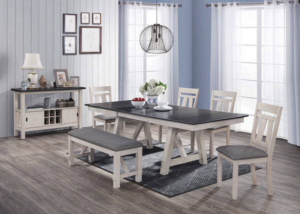 Create a warm and inviting dining space with this beautifully designed set that perfectly blends rustic charm with modern elegance. The two-tone finish features a striking dark tabletop with dual draw leaves contrasted with a soft, distressed base, adding