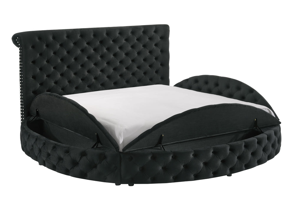 This avant-garde bed is a luxurious retreat, blending opulence with innovative design. Its unique round form challenges traditional bedroom aesthetics, offering a lavish centerpiece that is as comfortable as it is striking. The bed is generously upholster