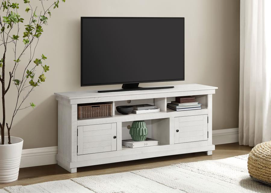 Complete a media center in your inviting home with a modern farmhouse TV stand. It-'s an approachable design with roughhewn wood details that create texture and dimensionality in your living space. Two shelves and six compartments create ample storage, pe