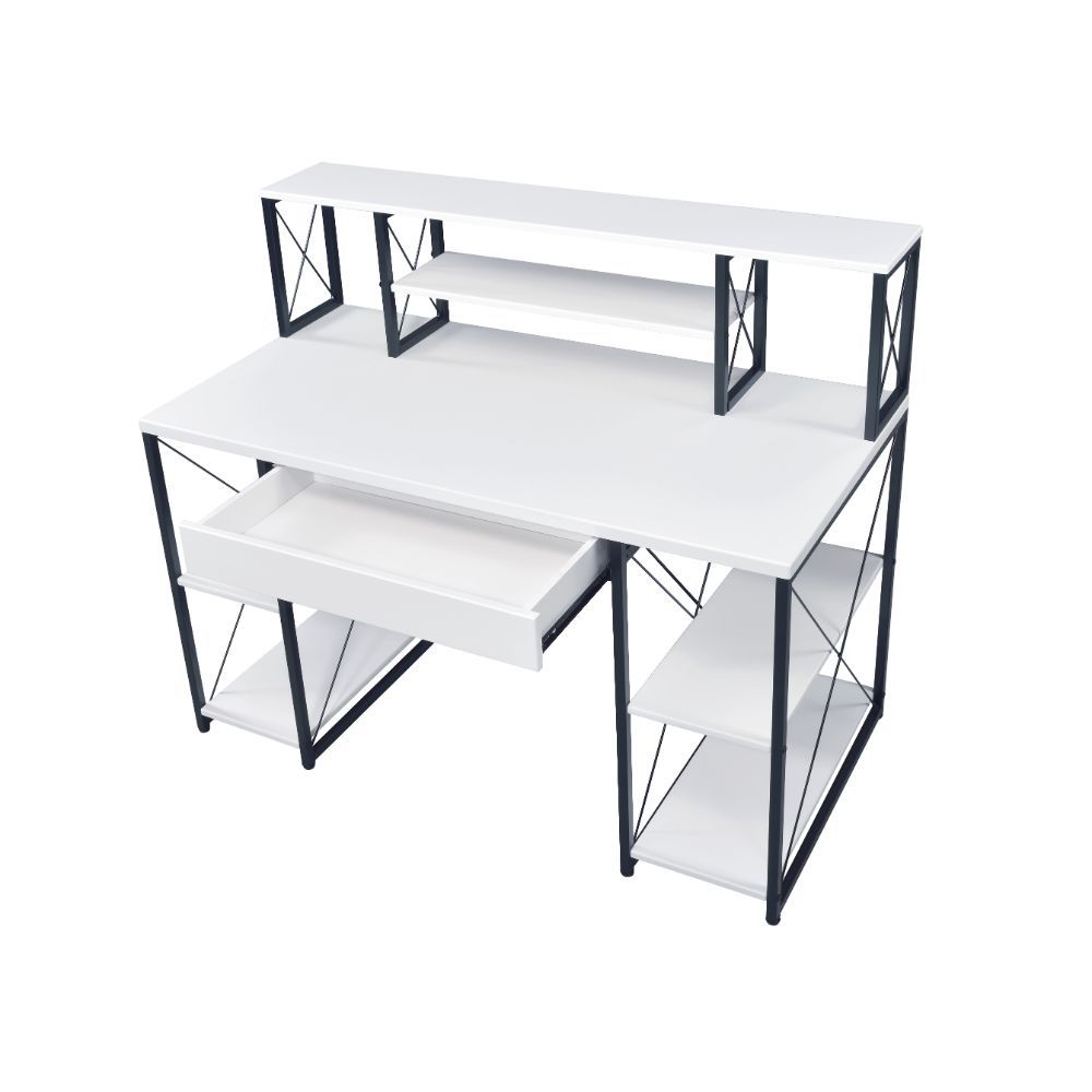 Specifically designed for all purpose, this Amiel Music Recording Studio Desk is suitable for study room, bedroom, living room or home office. Expertly crafted with selected veneers, manufactured wood, and metal tube, this piece has open shelving, hutch a