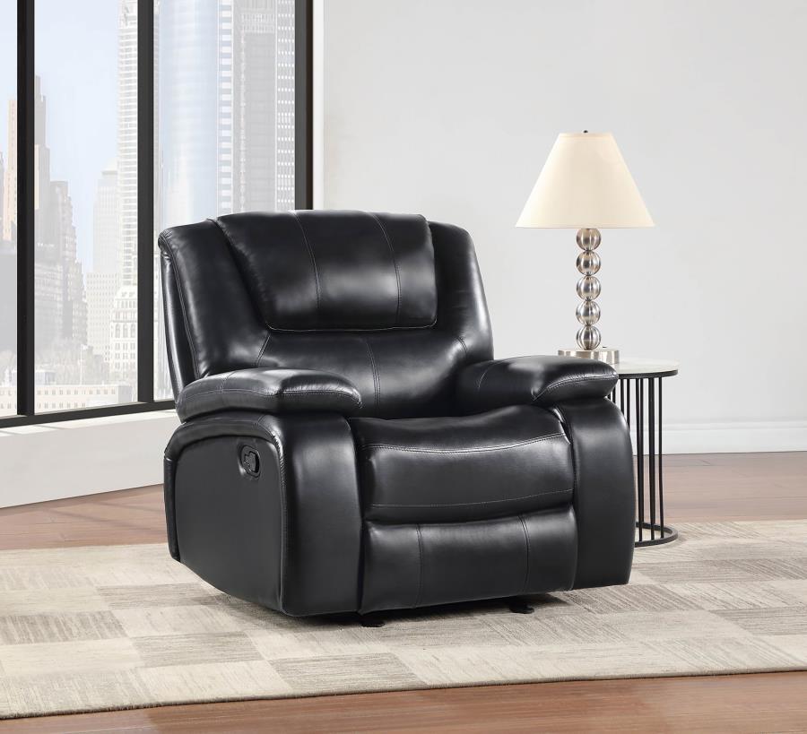Bold black leatherette upholstery offers the look of luxurious leather with easy-care maintenance as the glider recliner is versatile and beautiful. Living rooms, family rooms, and dens become comfort zones with the plump feel and clean design of a classi