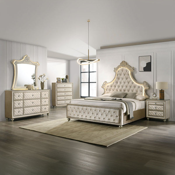 Lucienne - Eastern King Bed With LED - Beige Velvet