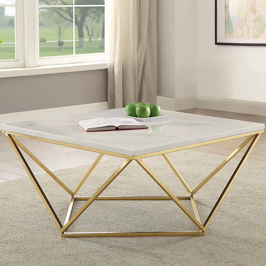 Enhance your living space with this modern square coffee table, featuring a striking white faux marble top and a geometric metal frame in a luxurious gold electroplated finish. The openwork design provides an airy yet bold aesthetic, perfect for contempor