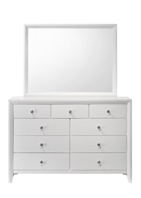  characterized by its crisp white finish and distinctive textured front panels. The centerpiece