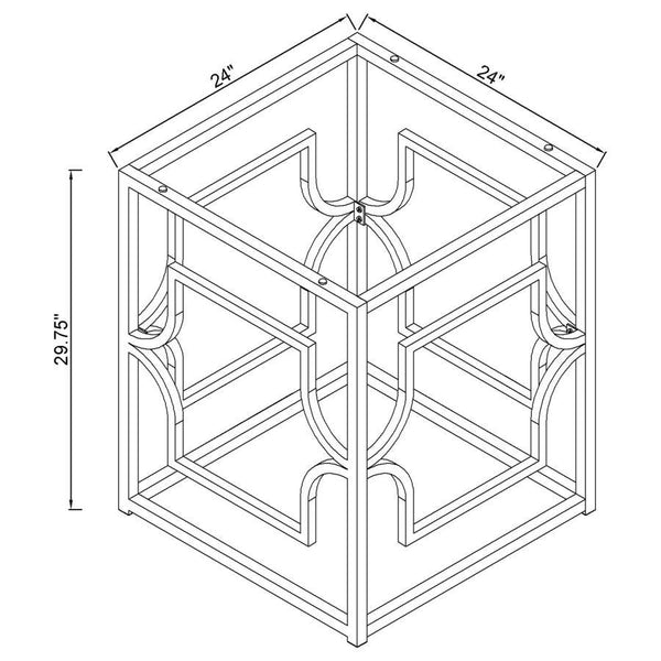  this round dining table base makes a bold design statement. The geometric metal frame showcases interlocking curved motifs within a square form