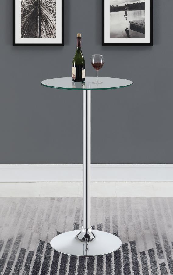 Sleek and sophisticated, this contemporary bar table features a round tempered glass top and polished chrome pedestal base. A stylish fit for modern kitchens, lounges, or small dining spaces, it offers a clean, minimalist surface thatâ€™s easy to maintain