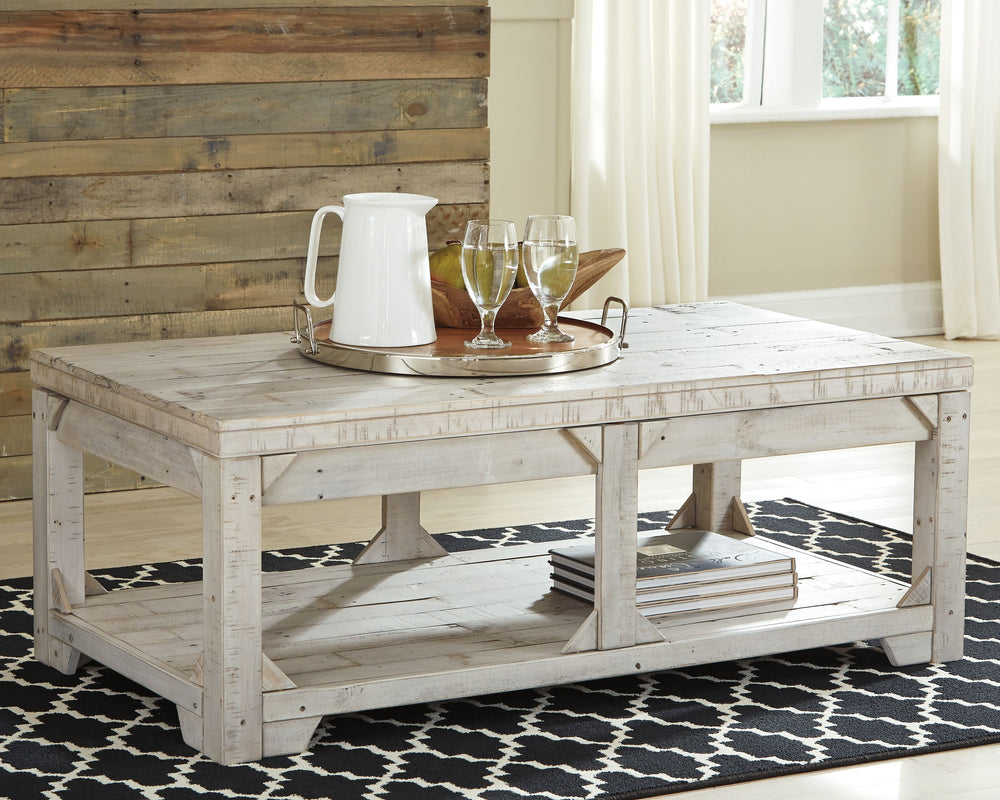 Take in the country fresh look of this lift top coffee table and reminisce of a simpler time. Its farmhouse style is evident in its stocky design with planked top/bottom shelf, unique triangle accents and relaxed white washed finish. With a handcrafted lo