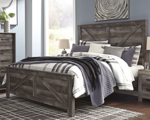 This king crossbuck panel bed is sure to win your heart with its daring designer take on modern rustic. The bedâ€™s crisp, clean and minimalist-chic profile is enriched with a striking replicated oak grain with thick plank styling and a weathered gray fin