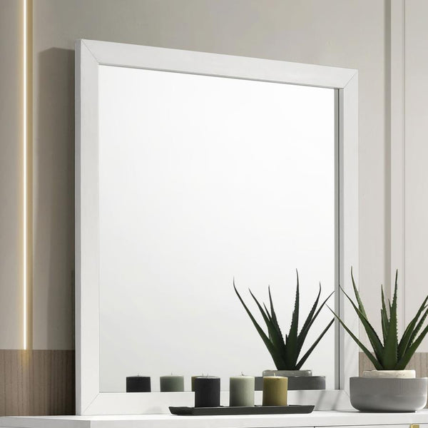  this dresser mirror creates a versatile look perfect for a modern bedroom ensemble. A rectangular silhouette makes its mark with both functionality and a chic yet basic design. Framing consists of MDF and melamine