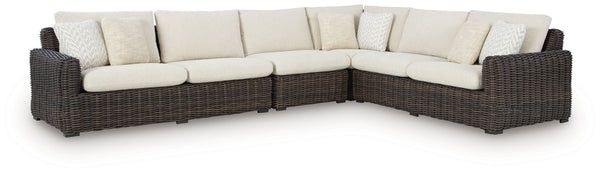 Add luxury, comfort and durability to alfresco fun. This outdoor sectional captures the textural beauty of wicker while withstanding the elements, from rain to shine. With a UV-resistant design, the wonderfully low-maintenance Nuvella+â„¢ fabric maintains