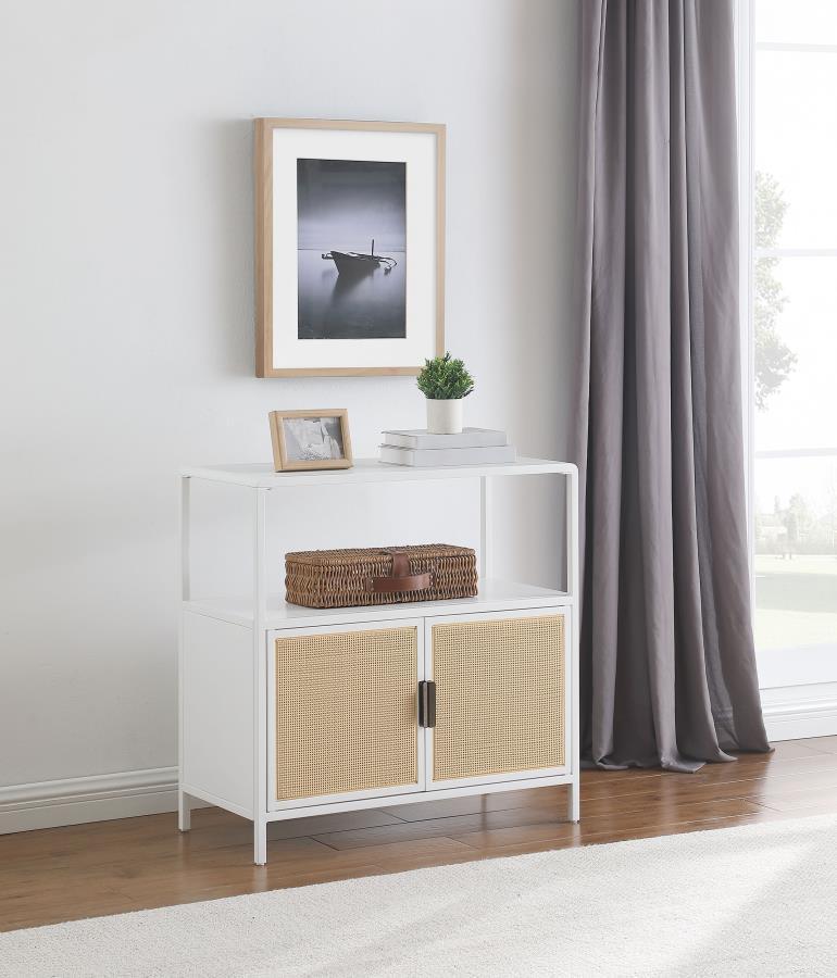 Bring a touch of coastal charm and modern design to your space with this two-door accent cabinet. Crafted with a sturdy metal frame, this cabinet offers lasting durability, while the sleek powder-coated finish resists scratches and maintains a polished lo