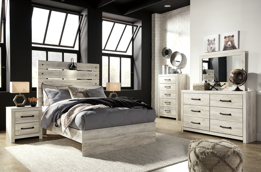 Wispy white finish over replicated Oak grain with authentic touch. Large scaled dark colored handles. Cases feature a framed front and pilasters. All panel headboards (53,57,58,87) feature decorative matte black sconce lights. Side roller glides for smoot