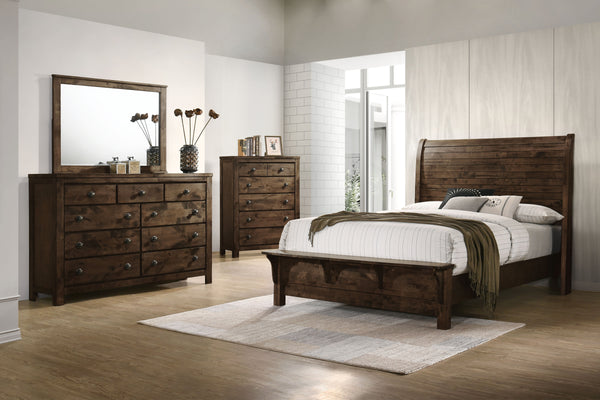 The 4 Piece Western King Blue Ridge Collection by New Classic Furniture offers a harmonious blend of sustainability and timeless design. Crafted from reclaimed solid wood, sourced from various origins, this set embraces eco-friendly construction, contribu