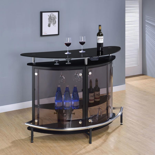  this contemporary bar unit lets you entertain in style. Its smooth