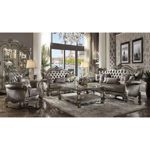 The Versailles collection with antique platinum finish will create you an elegant, warm and traditional taste in your living room. The sofa set reflects highly decorative base with scrolled feet, and the upholstered seats with the deep button tufted and N