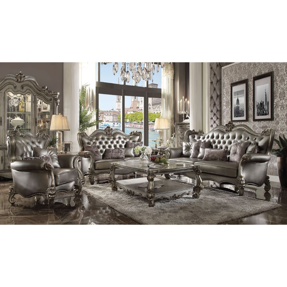 Versailles - Chair With 2 Pillows - Silver Synthetic Leather & Antique Platinum