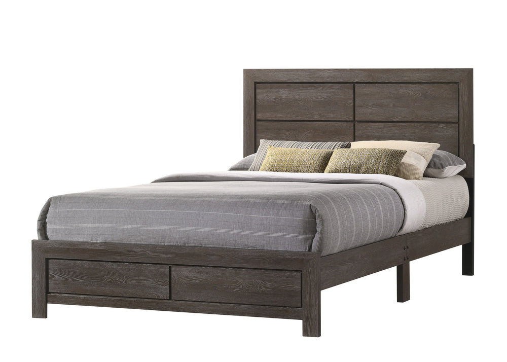 This bedroom collection showcases a rustic yet refined aesthetic, ideal for creating a tranquil and cozy retreat. The ensemble features a robust bed with a clean-lined headboard that brings a touch of rustic charm. The wood grain finish is complemented by