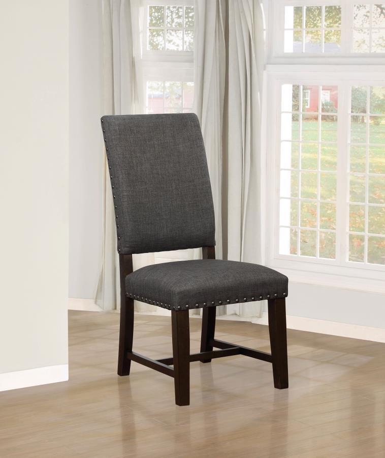 Simple, yet elegant Parsons chair is a welcome addition to your home. Regardless of dÃ©cor, this side chair fits in seamlessly. Upholstered in sumptuous warm grey fabric. Characteristically armless for an easy getaway to the kitchen to check on your signa