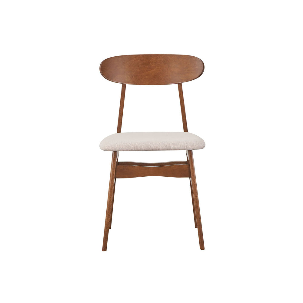 The New Classic Morocco Dining Chairs are a picture of Mid-Century Modern design with tapered legs, curved oval seatbacks, and classic walnut brown color. Easy care, natural 100% polyester foam cushions provide comfortable seating. A perfect accent chair 