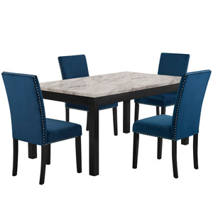  accompanied by four exquisite blue velvet chairs. Crafted from solid Ru