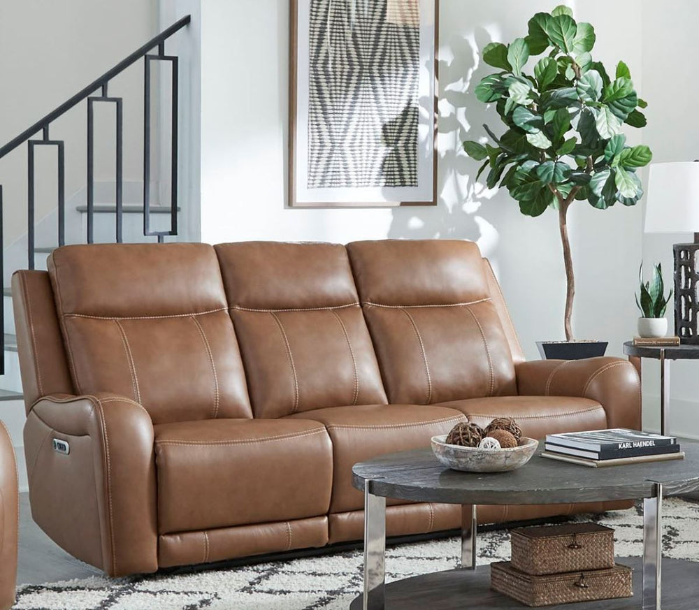 Covered in rich Butternut leather with a custom match, the Haywood Power Sofa Group offers the ultra comfortable feel of classic motion upholstery with updated modern touches. Bold padded contoured arms add an element of softness while the contrasting dec
