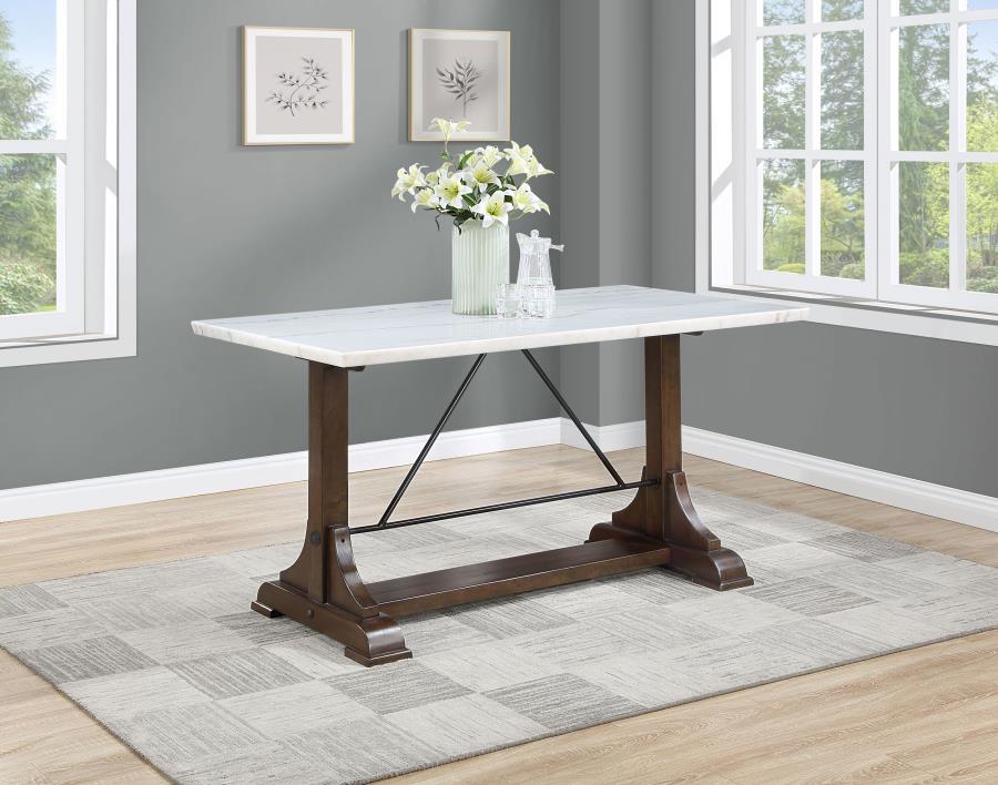 Gather at a table that exudes the natural elegance of a genuine white marble top, each one home to a unique map of delicate veining. This tabletop rests upon a solid poplar wood base, its dark brown finish narrating a story of enduring strength and classi