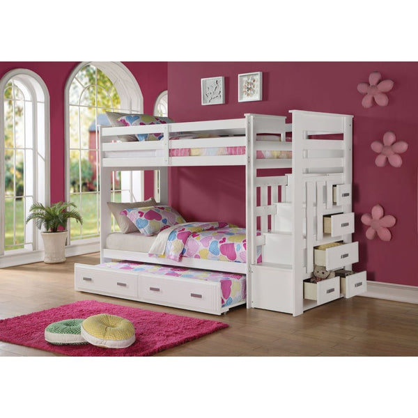  this twin over twin bunk bed is a perfect solution for your children-'s bedroom. The piece features a bright white finish and offers durability as well as a clean style. The full-length guard rails prov