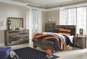 Derekson - 5 pzs. - Cómoda, espejo, cama matrimonial con panel - Gris oscuro variado