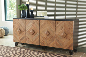  brilliant statement with this 4-door accent cabinet. Its two-tone styling merges a dark brown exterior with a multi-tonal distressed finish on the doors and handles. A diamond-shaped plank effect brings rich