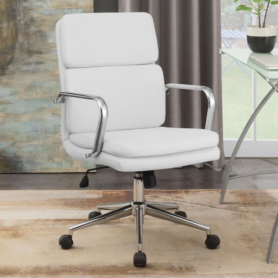 Work in modern comfort and style with this office chair. The sleek styling of the metal frame and arms displays a shiny chrome finish. This cushioned chair features a contoured mid-back design for excellent comfort in a lower profile silhouette. Your new 