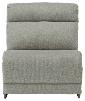 This armless chair is made with polyester upholstery. Pairs with other items in the series to make a sectional.<br><br><b>Additional Dimensions</b><br><ul><li>Minimum width of doorway for delivery: 30-"</li><li>Seat depth: 23-"</li><li>Seat height: 19-"</