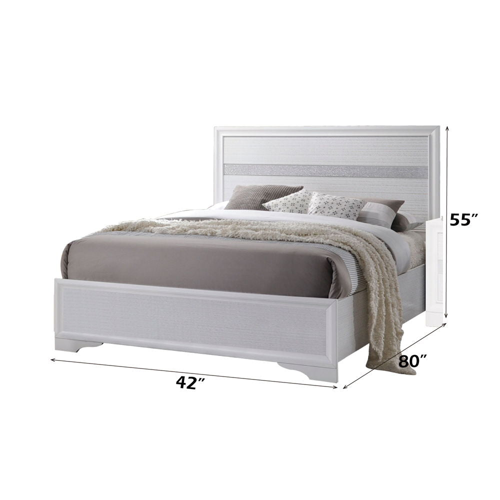 The Naima bedroom collection offers sophisticated look, clean lines and contemporary style. Features panel headboard, and low profile footboard in bright white finish with contrasting sparkling acrylic trim, which provides elegant style that will bring yo